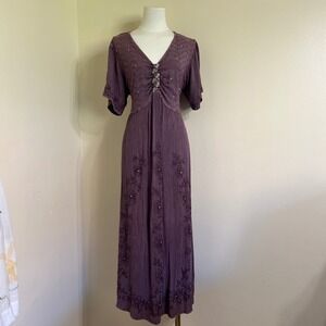 Choice Purple Crinkle Rayon Embroidered Sequin Maxi Dress XL Boho Jeweled Bust